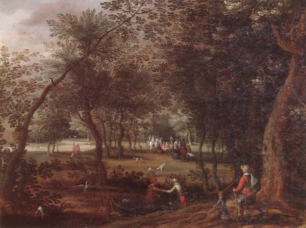 A wooded river landscape with saint john the baptist preaching inthe distance